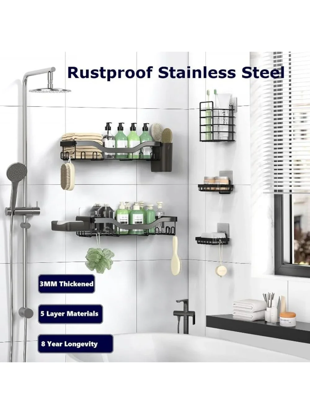 New 7 Pack Adhesive Shower Caddy Stainless Steel Organizer 24 Hooks No Drill Set